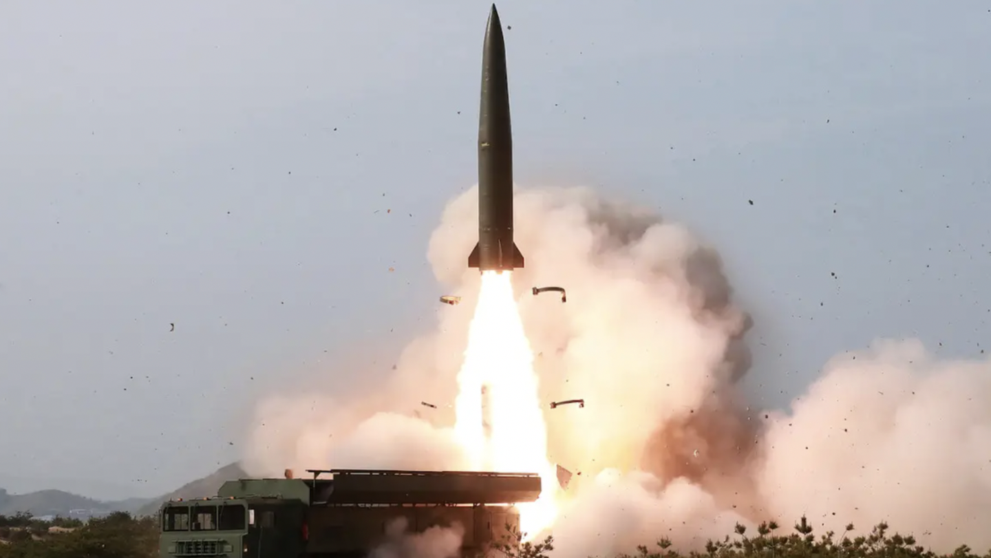 A previous North Korean SRBM test, involving the launch of a KN-23 launch from an eight-wheeled transporter-erector-launcher (TEL) in 2019.&nbsp;<em>North Korean state media</em>