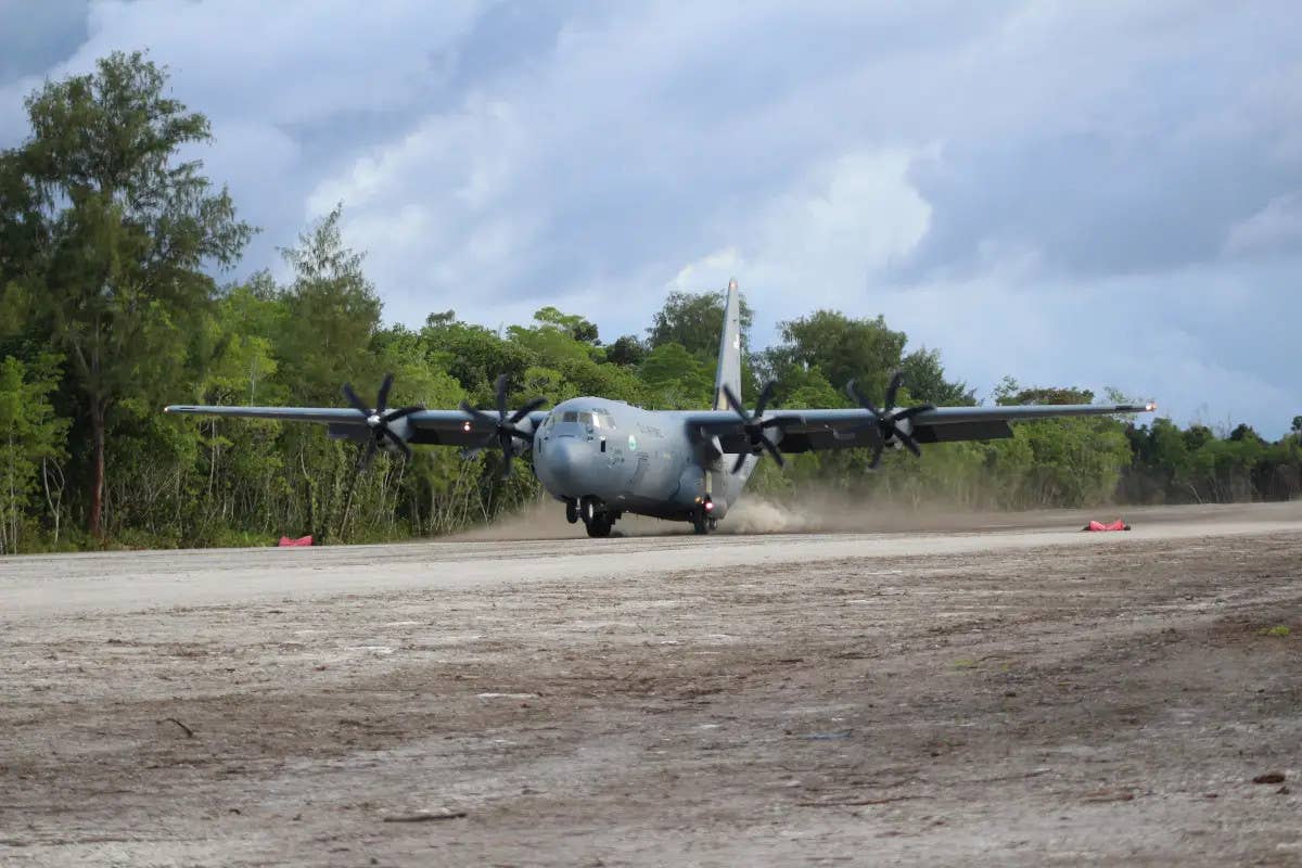 A C-130J lands at Angaur Airfield in 2020. <em>US Army</em>