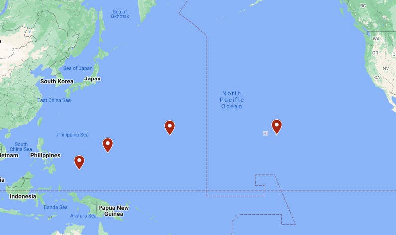 This map gives a very rough sense of the immense distances the U.S. military has to contend with in the Pacific region. From left to right, Palau, Guam, Wake Island, and Hawaii. <em>Google Maps</em>