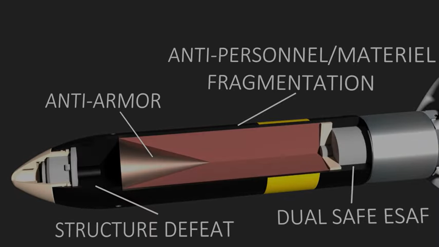 A screenshot from the General Dynamics video depicting the inner workings of the HEAT/APAM warhead. <em>Credit: General Dynamics</em>