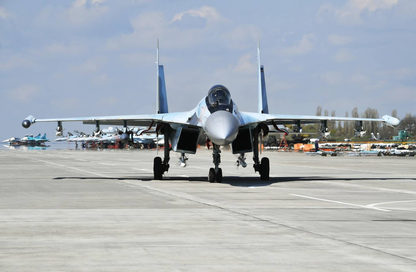 Armed with R-73 and R-77 series air-to-air missiles, plus a Kh-31P series anti-radiation missile, a Su-35S taxis at Voronezh in April 2022. <em>Russian Ministry of Defense</em>