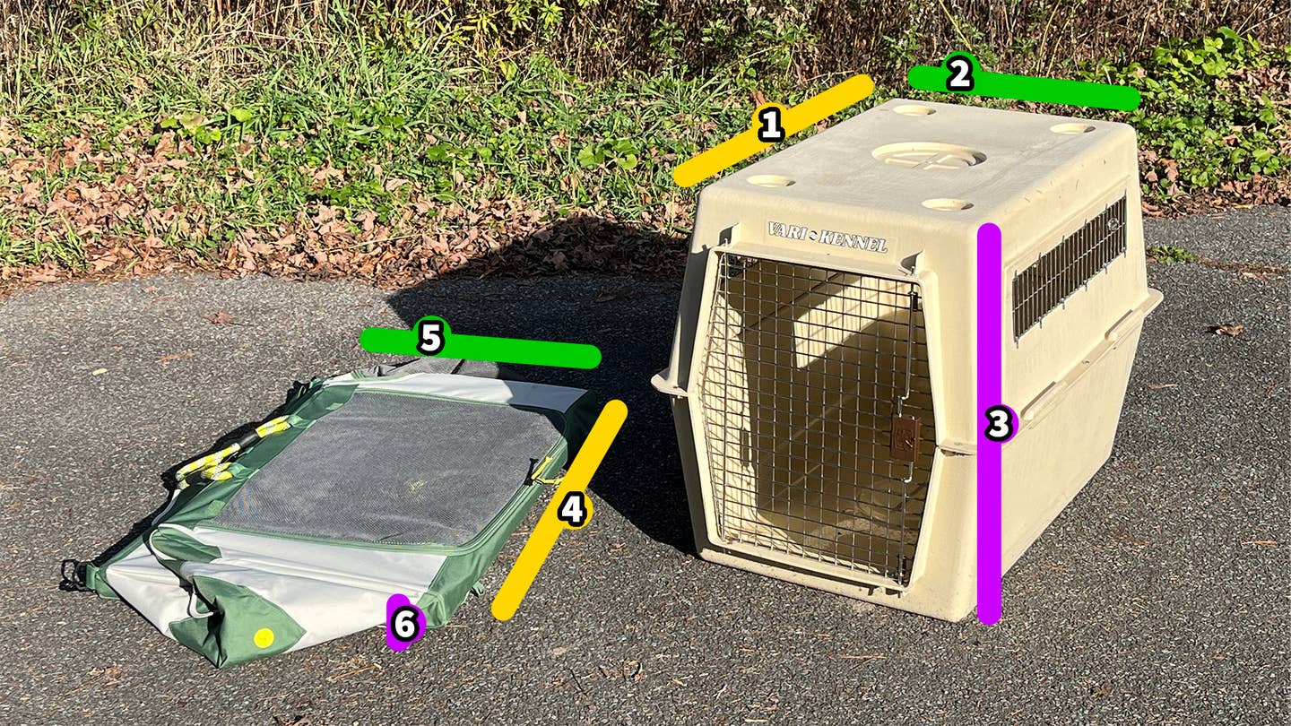 The tent kennel pops up to be about the same size as the hard one, but of course, it provides a much weaker barrier. You'll need to crate-train your dog before counting on them to stay put in one of those. <em>Andrew P. Collins</em>