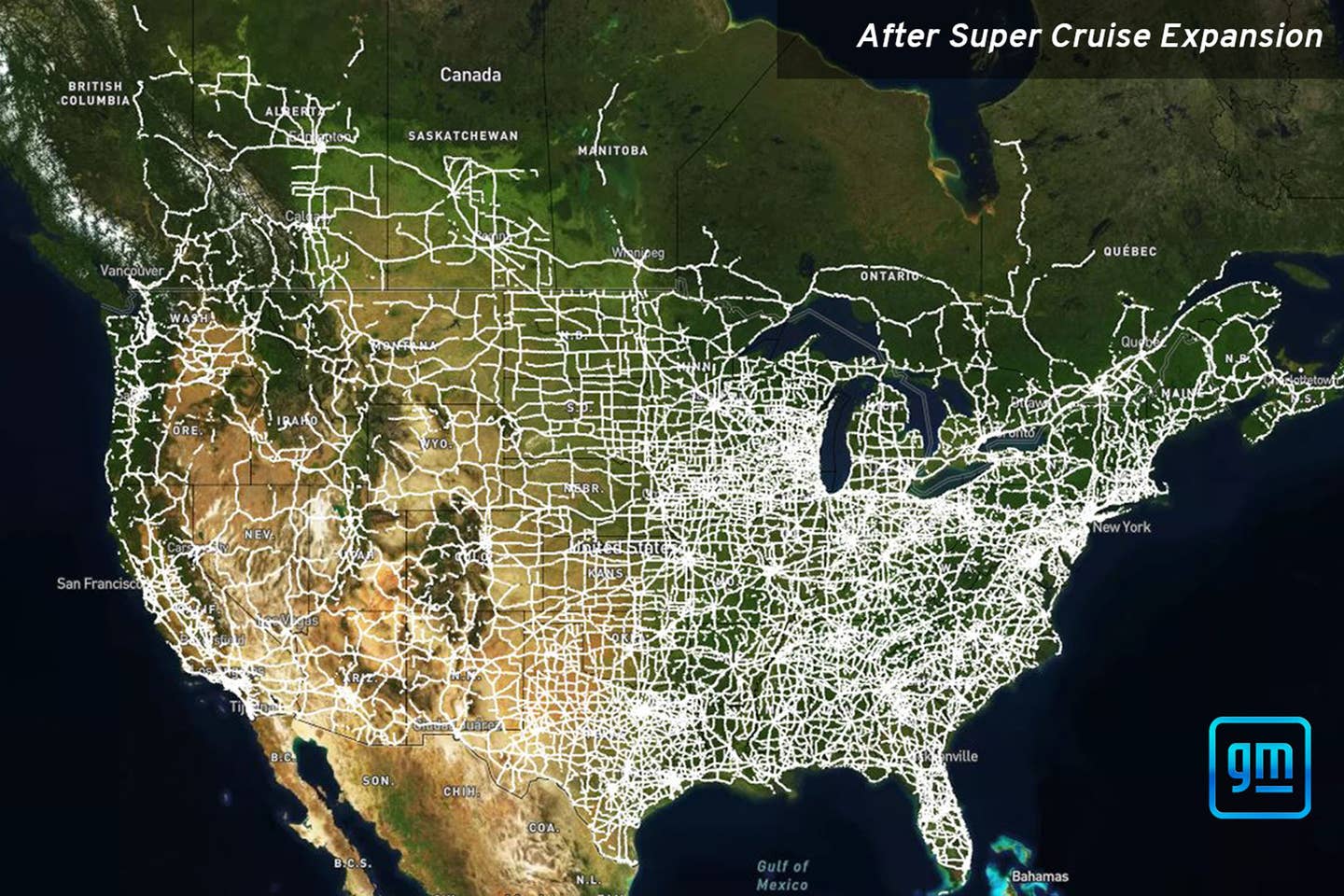 The latest map of Super Cruise coverage. <em>GM</em>