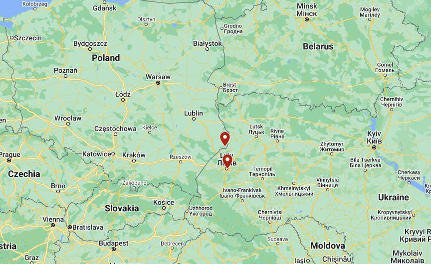 A map showing Przewodów in Poland and, to its south, Lviv in Ukraine. <em>Google Maps</em>