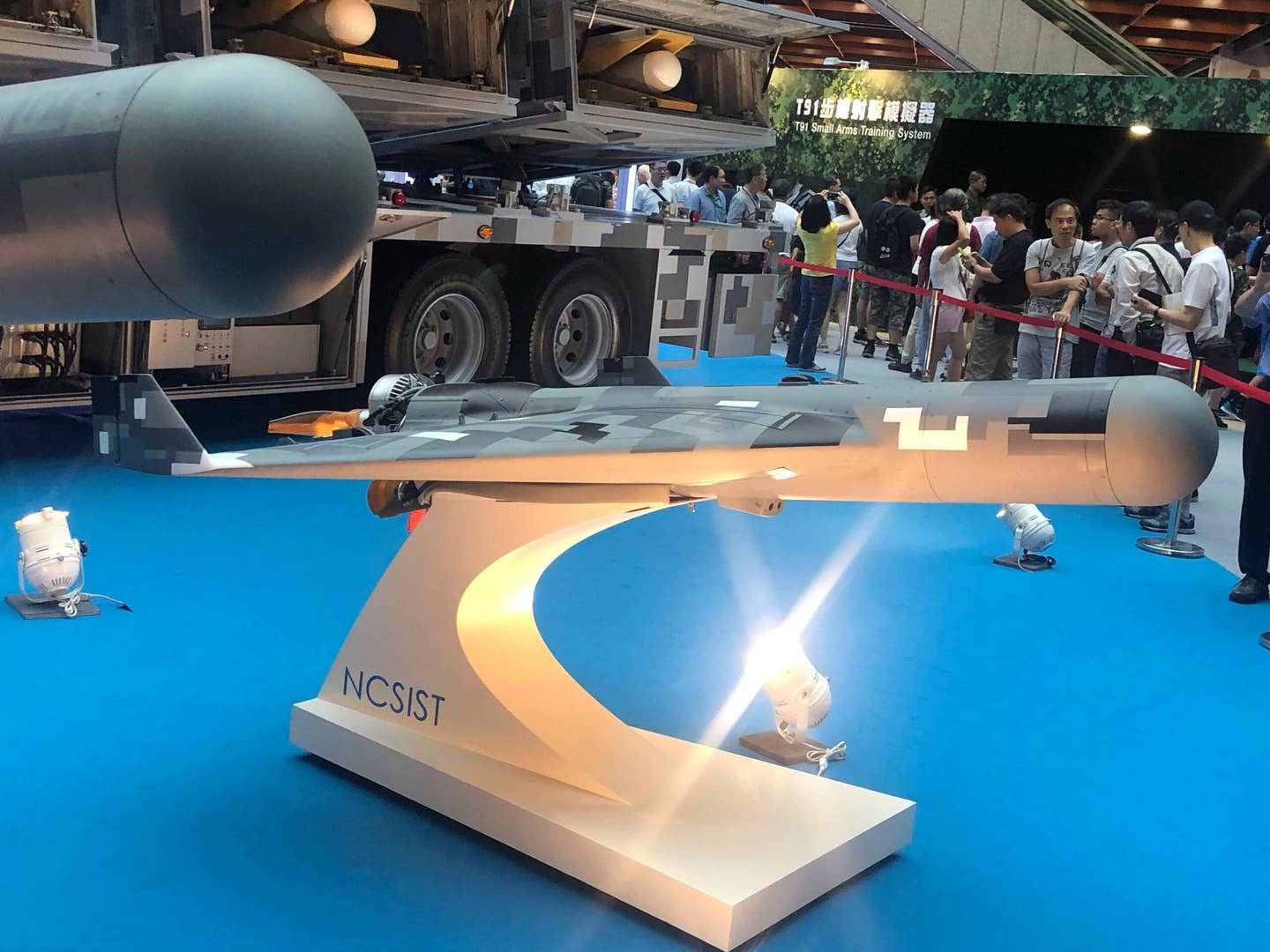 The Chien Hsiang loitering munition on display at the 2019 Taipei Aerospace &amp; Defense Technology Exhibition. <em>Credit: Kenchen945/Wikimedia Commons</em>