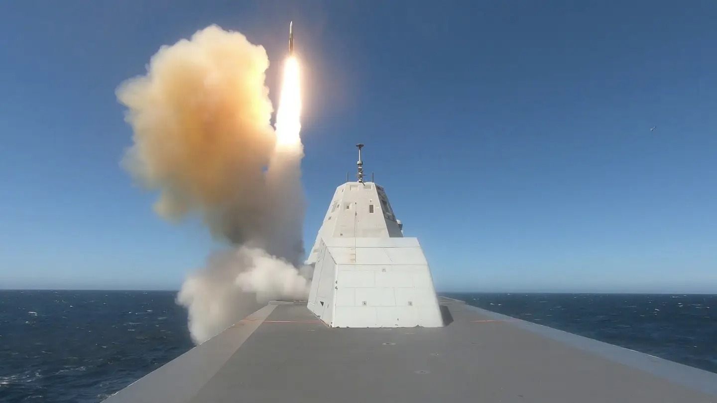 The guided-missile destroyer USS&nbsp;<em>Zumwalt</em>&nbsp;(DDG-1000) fires an SM-2 Block IIIAZ surface-to-air missile from one of its Mk 57 VLS arrays during an exercise at the Point Mugu Test Range in the Pacific Ocean.&nbsp;<em>Credit: U.S. Navy photo by Lt. j.g. Mary Kierstead</em>