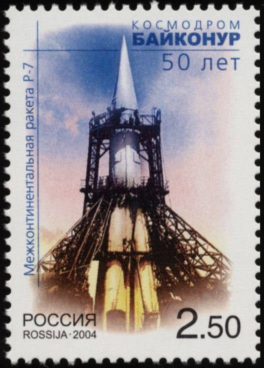 Russian stamp (2004) commemorating the launch of the R-7. <em>Meshok.net/Wikimedia Commons.</em>