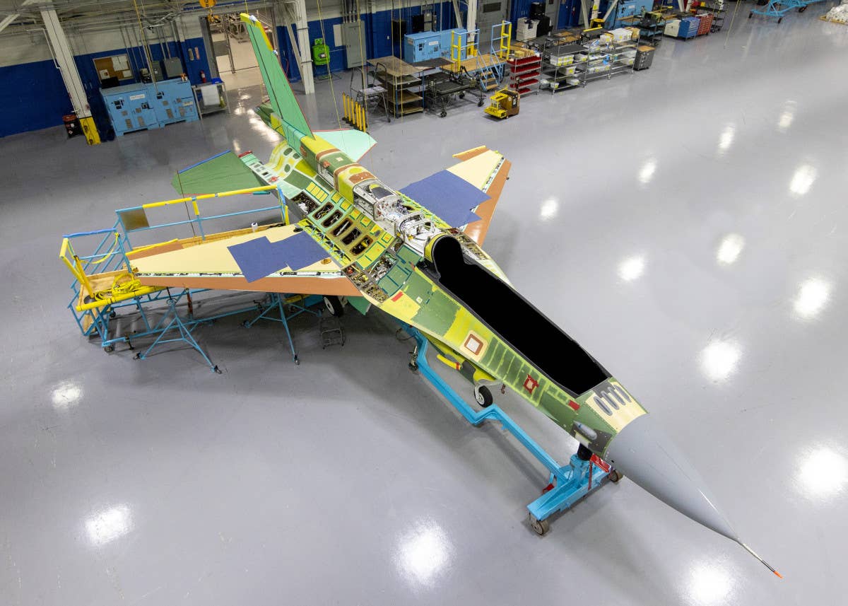 The first Block 70 F-16 Viper fighter jet for Bahrain during an earlier stage of construction at Lockheed Martin's plant in Greenville, South Carolina. <em>Lockheed Martin</em>
