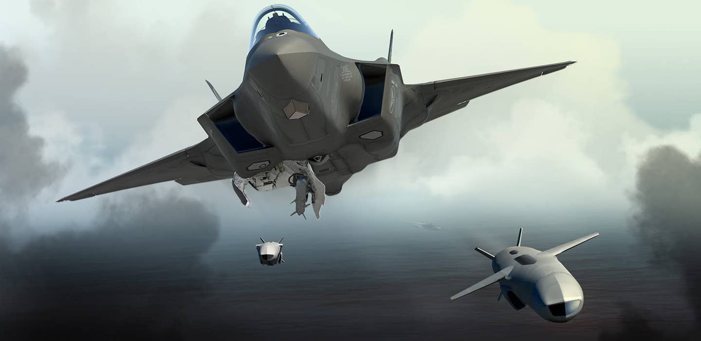 A rendering of an F-35 firing a pair of JSMs. (Raytheon)
