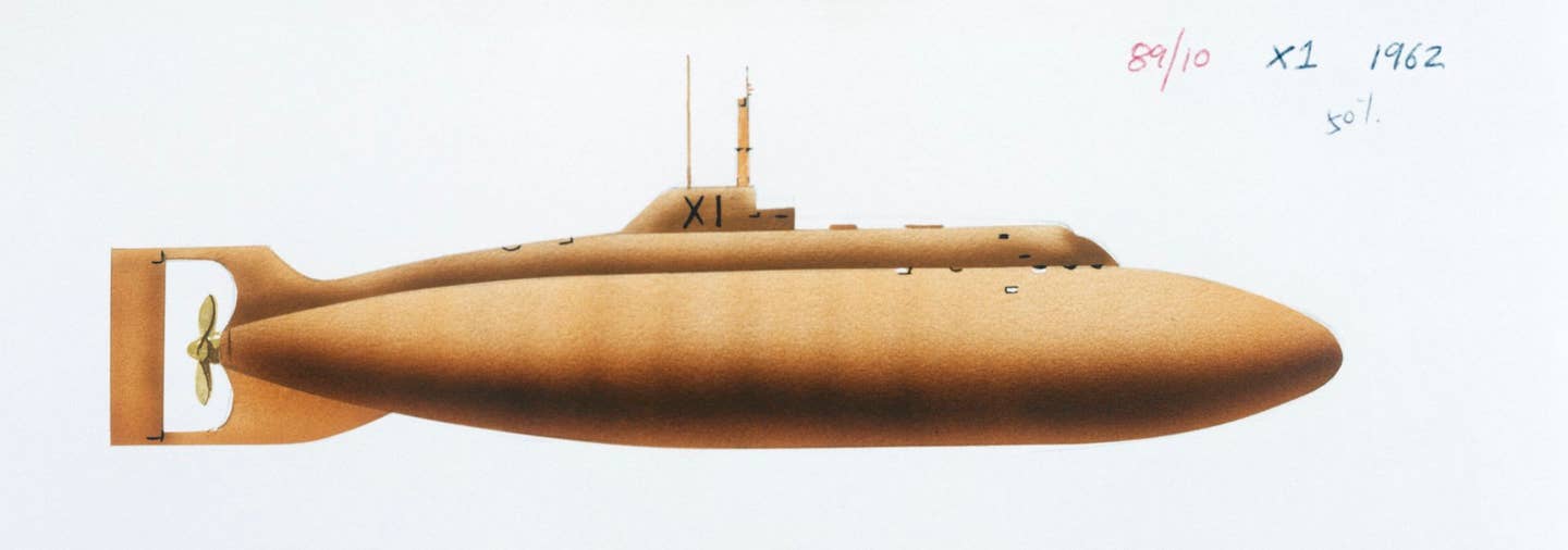 U.S. Navy submarine USS <em>X-1</em>, color illustration. <em>Photo By DEA PICTURE LIBRARY/De Agostini via Getty Images</em>