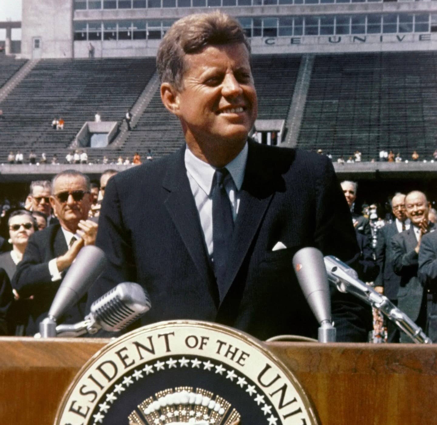 President John F. Kennedy giving a speech at Rice University, on September 12, 1962. <em>NASA/Wikimedia Commons</em>