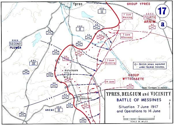Map illustrating the Battle of Messines, 7-14 June, 1917. <em>West Point Department of History/Wikimedia Commons.</em>
