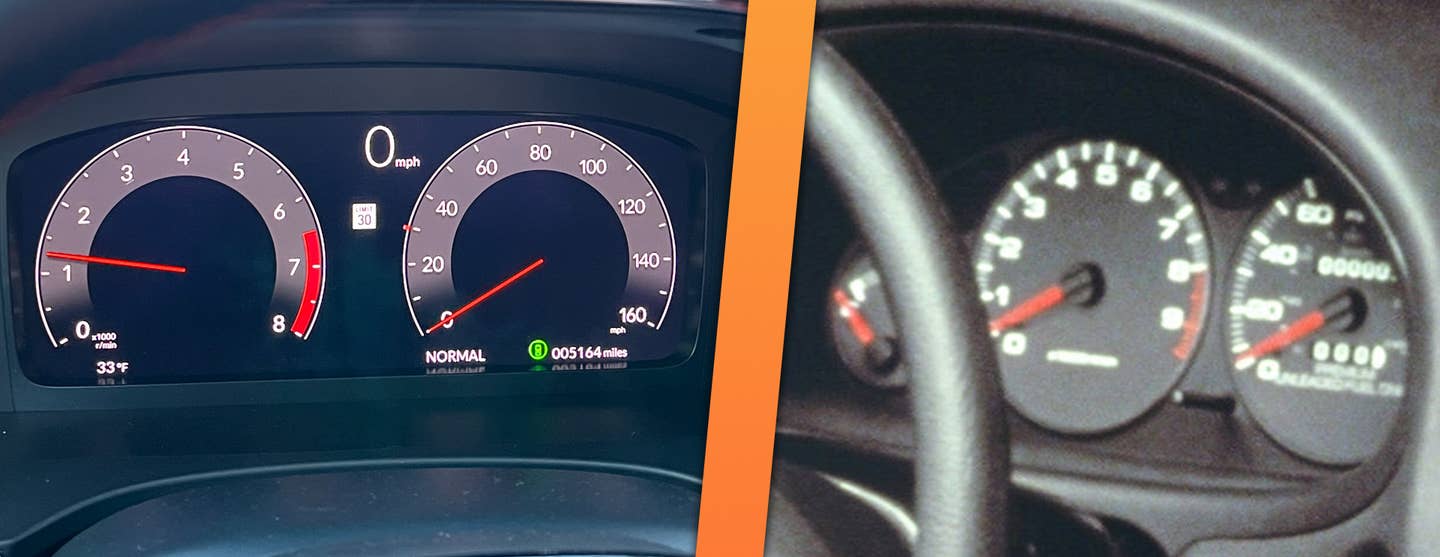 The image Acura had on hand for a DC2 ('90s-era) Integra gauge cluster is a little low-res, but you get the idea. With extraneous info turned off, the new car's cluster doesn't diverge much. <em>Andrew P. Collins, Acura</em>