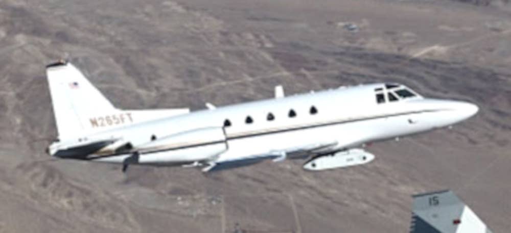 A close-up of the Sabreliner that participated in the demonstration with the TacIRST pod seen under the forward fuselage. <em>Jose Ramos/TacAir via GA-ASI</em>