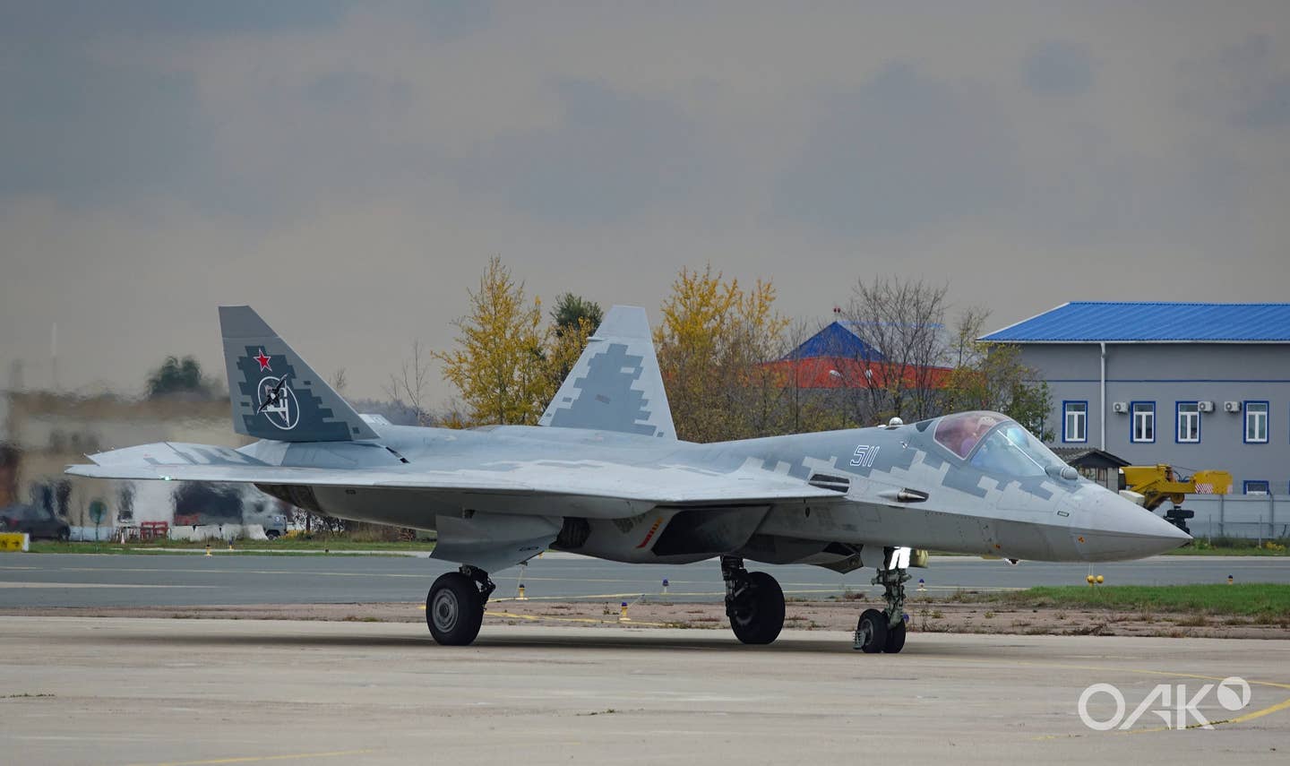 The test aircraft T-50-11 ready for its first flight after its upgrade, on October 21, 2022. The aircraft has modernized equipment and is able to be fitted with new izdeliye 30 engines in the future. <em>United Aircraft Corporation</em>