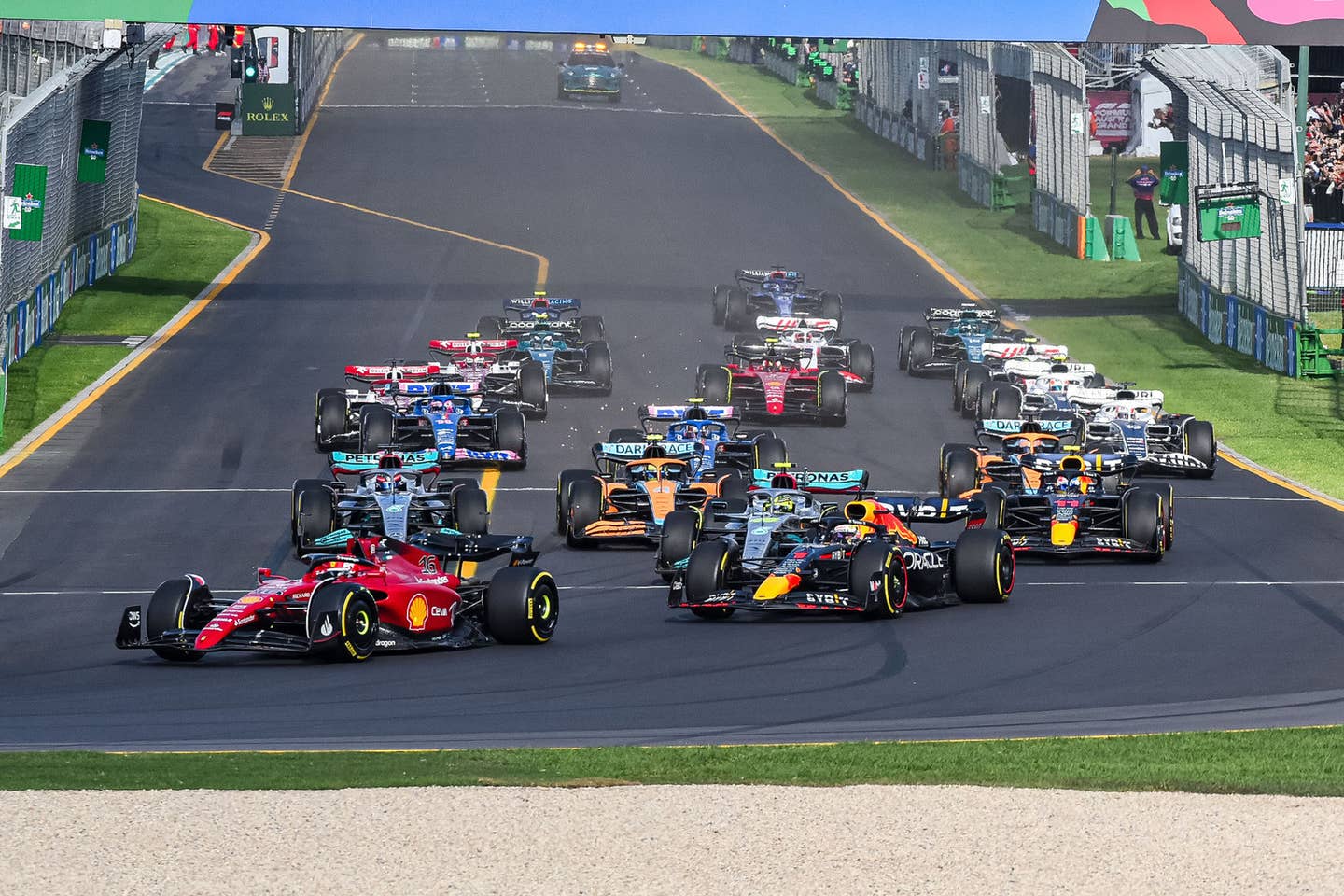Charles Leclerc leads the 2022 Australian Grand Prix. <em>@ScuderiaFerrari on Twitter</em>