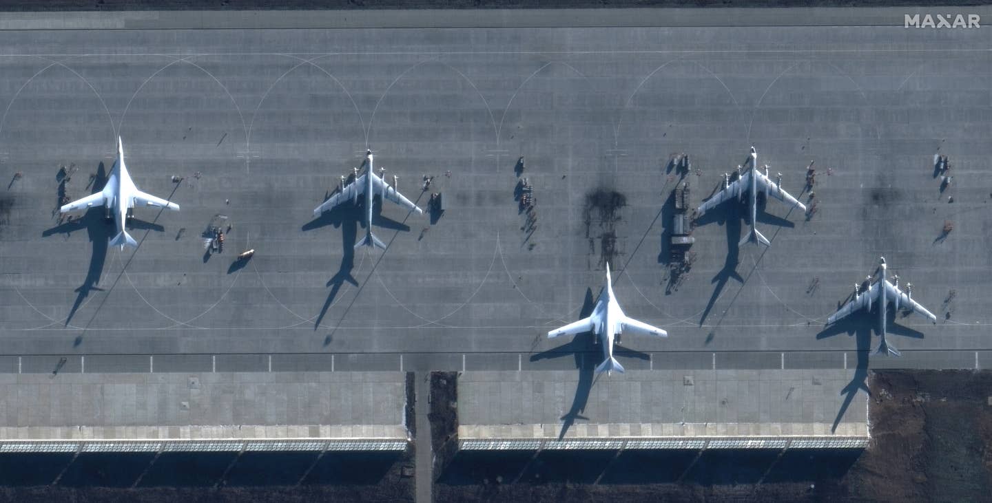 A close-up of the same image, showing Tu-160 and Tu-95MS bombers at Engels. <em>Imagery by Maxar Technologies</em>