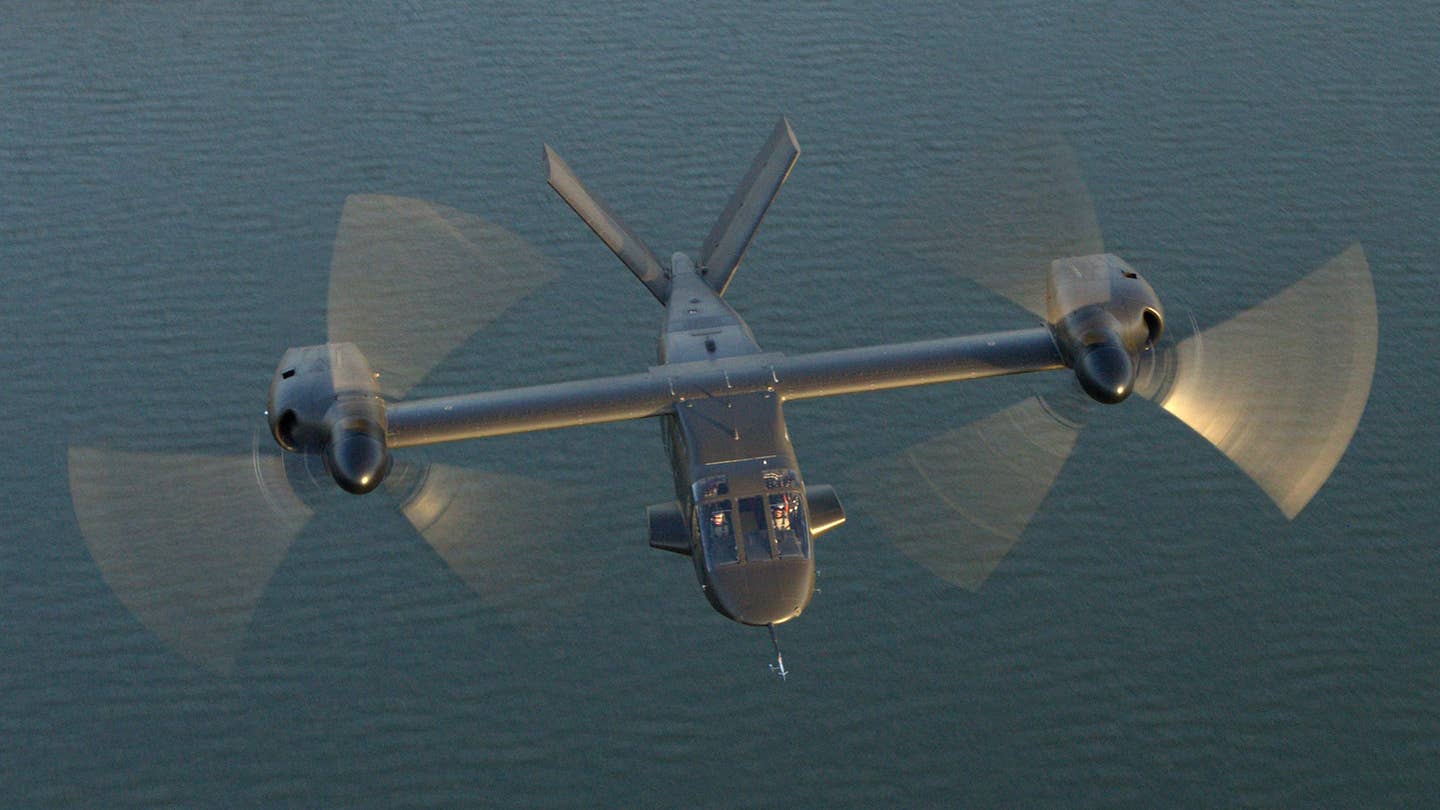 V-280 over water. The aircraft's potential for distributed operations was heavily touted by Bell. (Bell)