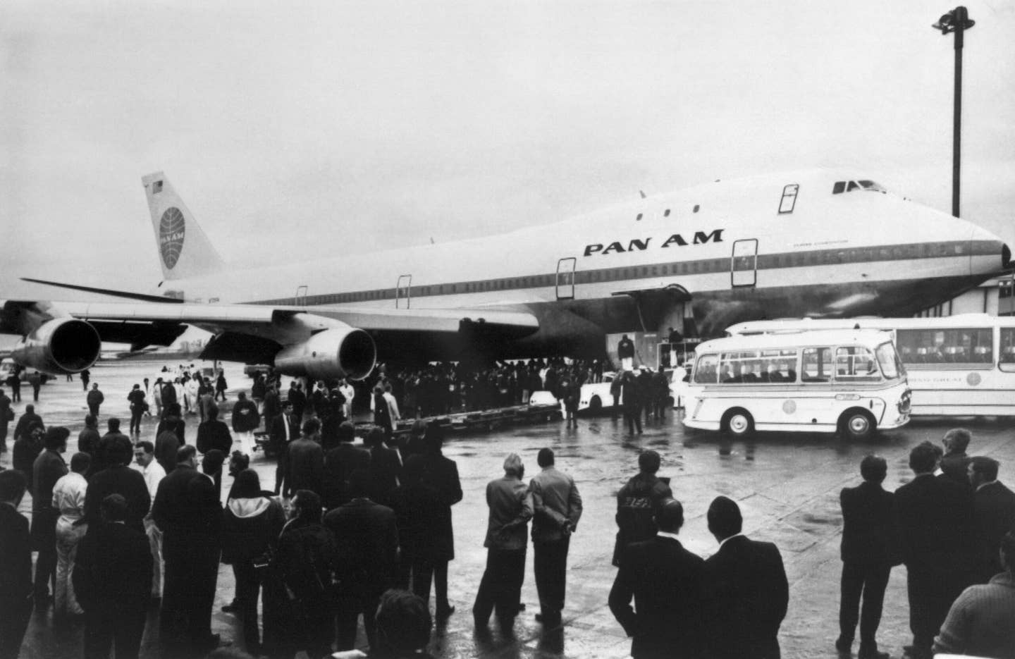 A Pan Am Boeing 747 is seen just after landing at London's Heathrow airport, on January 22, 1970 after its first commercial flight. On September 30, 1968, the first 747 was rolled out of the Everett assembly building before the world's press and representatives of the 26 airlines that had ordered the plane, and first flight took place on February 09, 1969. The Boeing 747, called also "Jumbo Jet", entered service on January 21, 1970, on Pan Am's New YorkLondon route. (Photo by - / AFP)        (Photo credit should read -/AFP via Getty Images)
