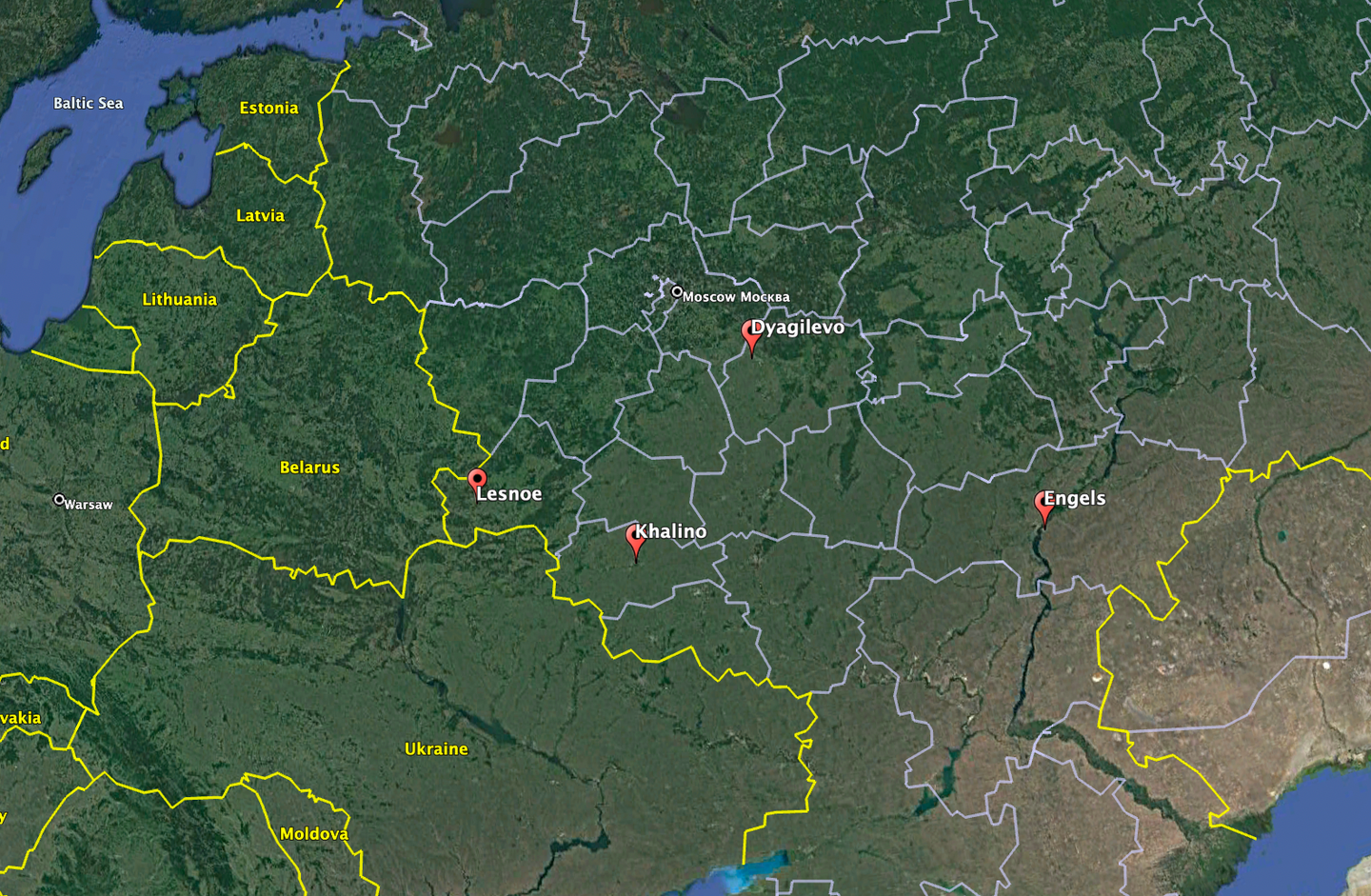 The approximate locations of the three airbases and single fuel depot apparently targeted by Ukrainian attacks today and yesterday. <em>Google Earth</em>