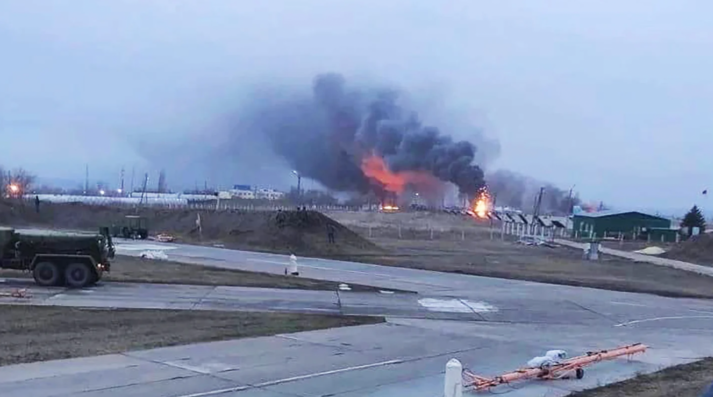 The scene at Millerovo Air Base — another Su-30SM base — on February 25, after a reported Ukrainian strike. <em>via Twitter</em>