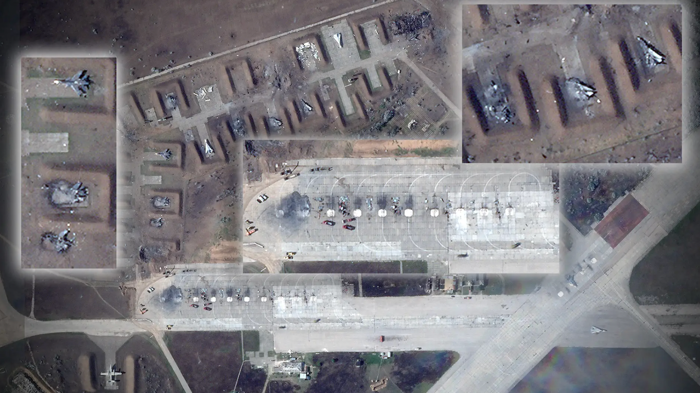 Satellite imagery showing the aftermath of explosions that rocked Russia’s Saki Air Base on August 9, 2022.&nbsp;<em>PHOTO © 2022 PLANET LABS INC. ALL RIGHTS RESERVED. REPRINTED BY PERMISSION</em>