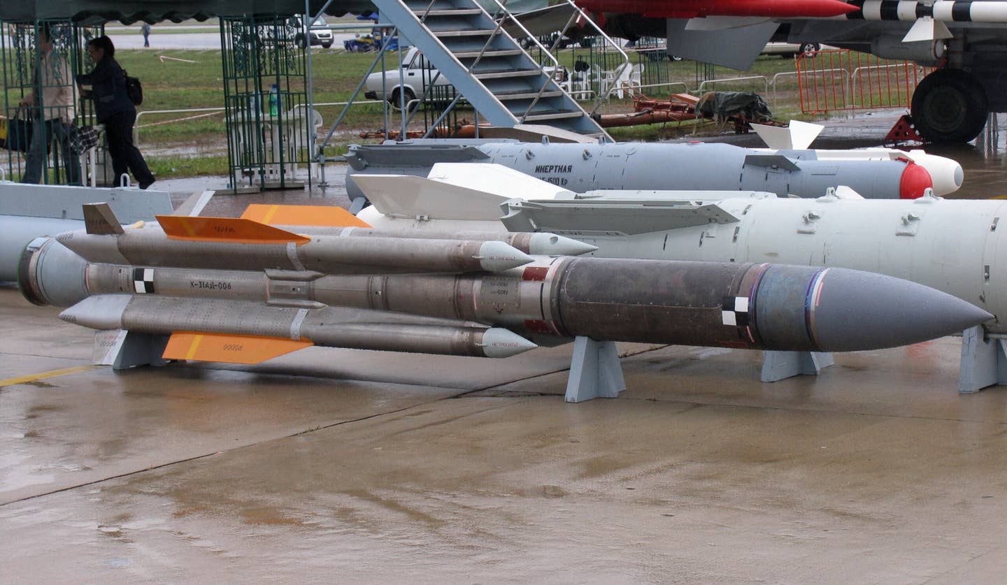 A Kh-31А anti-ship missile displayed at the International Aviation and Space Salon (MAKS) outside Moscow, in 2011.<em> Mike1979/Wikimedia Commons</em>