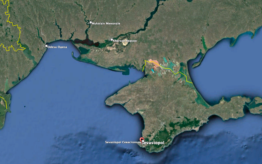 Sevastopol is about 140 miles southeast of the nearest Ukrainian forces. (Google Earth image)