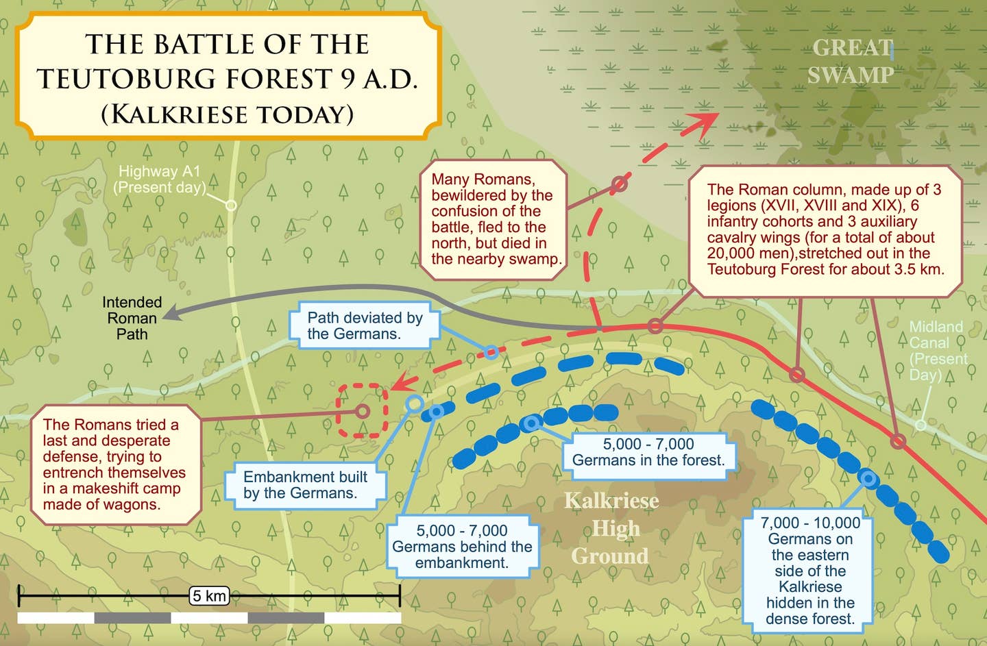 Map showing the defeat of Publius Quinctilius Varus in the Teutoburg Forest, 9 AD. Topographic information based on present-day data. <em>Skaalr via Wikimedia Commons</em>