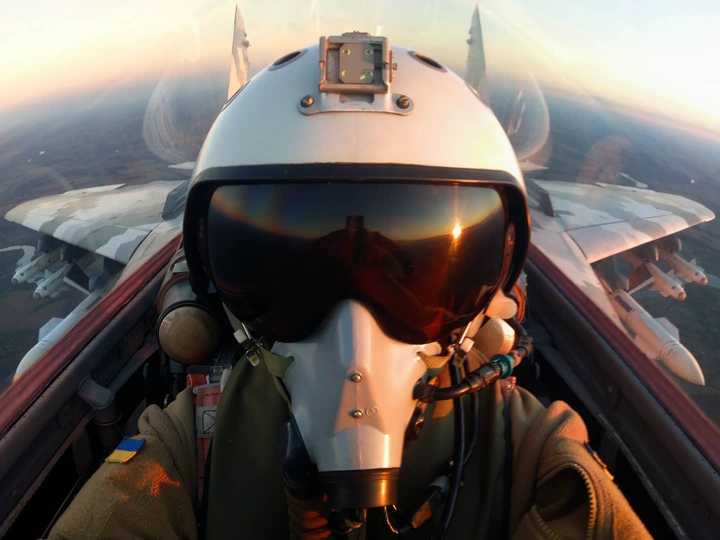A selfie from the cockpit as Juice flies a MiG-29 fully armed with two R-27R and four R-73 air-to-air missiles.&nbsp;<em>Juice/Ukrainian Air Force</em>