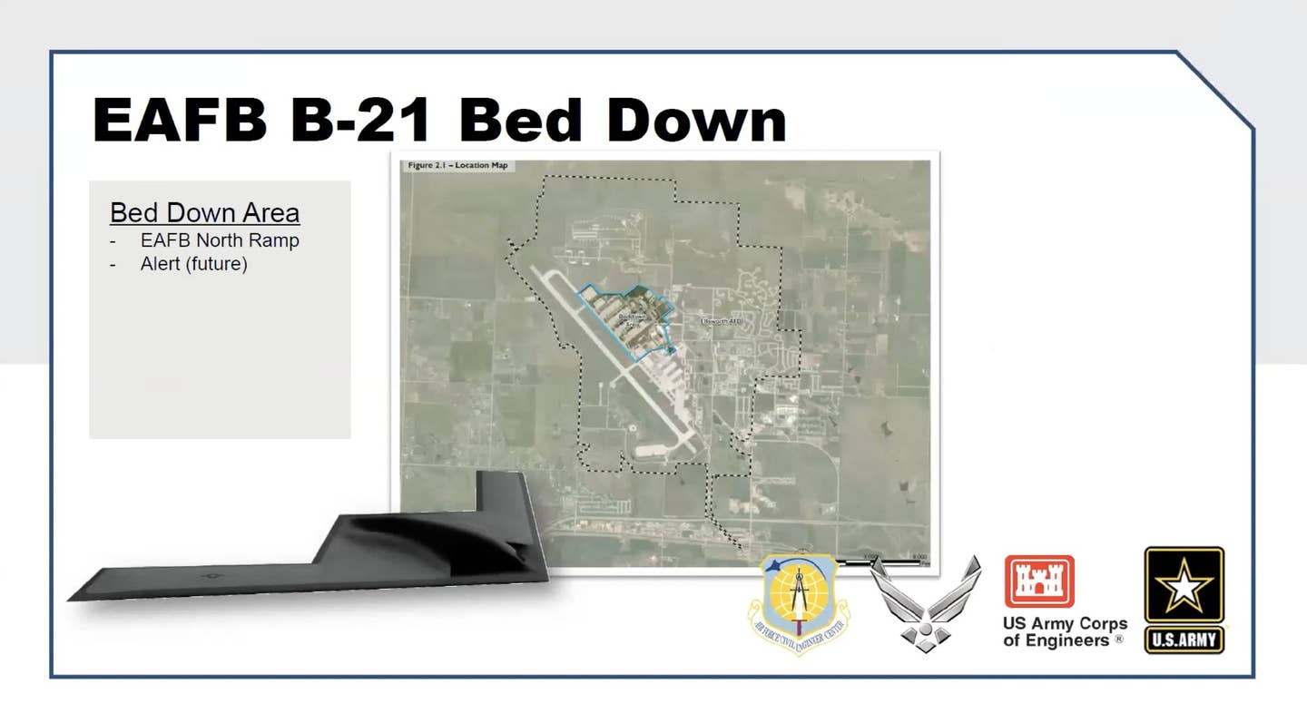 A briefing slide showing the main area of Ellsworth Air Force Base that will see infrastructure changes as part of the fielding of the B-21. <em>USACE</em>