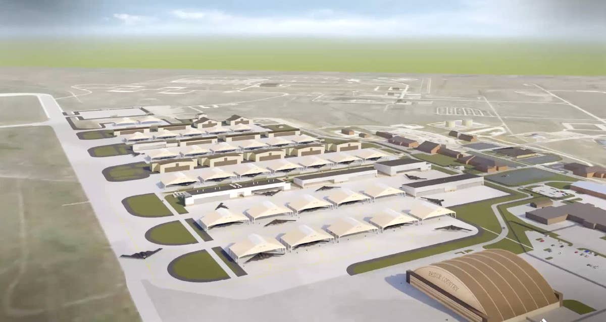 A rendering of how the center of Ellsworth Air Force Base is expected to look after the completion of various construction projects to support the B-21 Raider. <em>USACE</em>