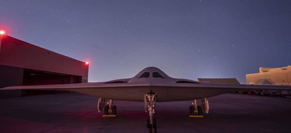 Another shot of the first prototype B-21, seen here outside at Northrop Grumman's facility at the US Air Force's Plant 42 in California. <em>USAF</em>