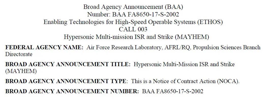A portion of a Mayhem-related contracting notice that the Air Force posted online in December 2021, highlighting the ISR and strike mission focus. <em>USAF</em>