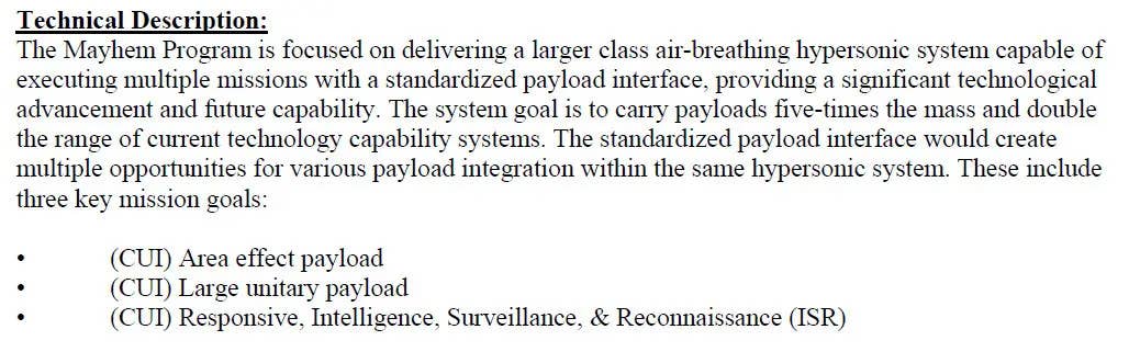 A brief unclassified technical description of the Mayhem program and the desired air vehicle from the December 2021 contracting document. <em>USAF</em>