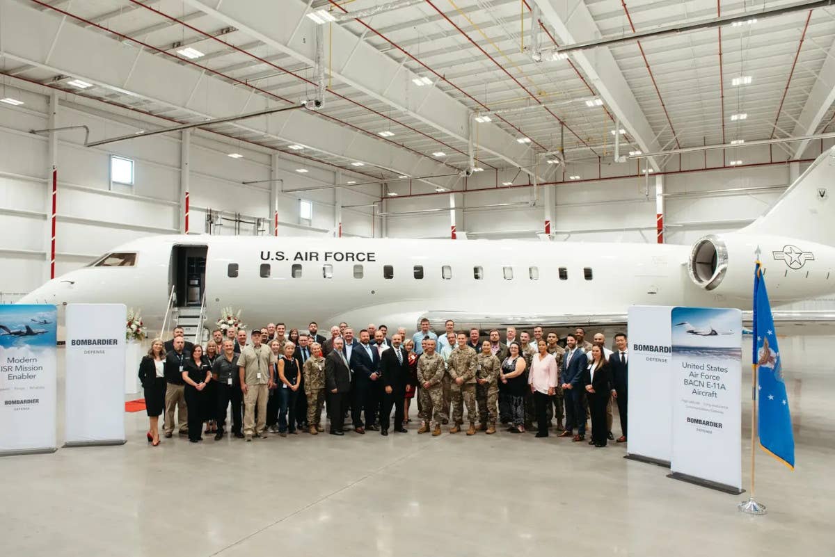 21-9045 at Bombardier's facility at Montréal-Pierre Elliott Trudeau International Airport in Dorval, Canada, during a ceremony to mark its transfer to the Air Force on September 15, 2022. <em>Bombardier Defense</em>