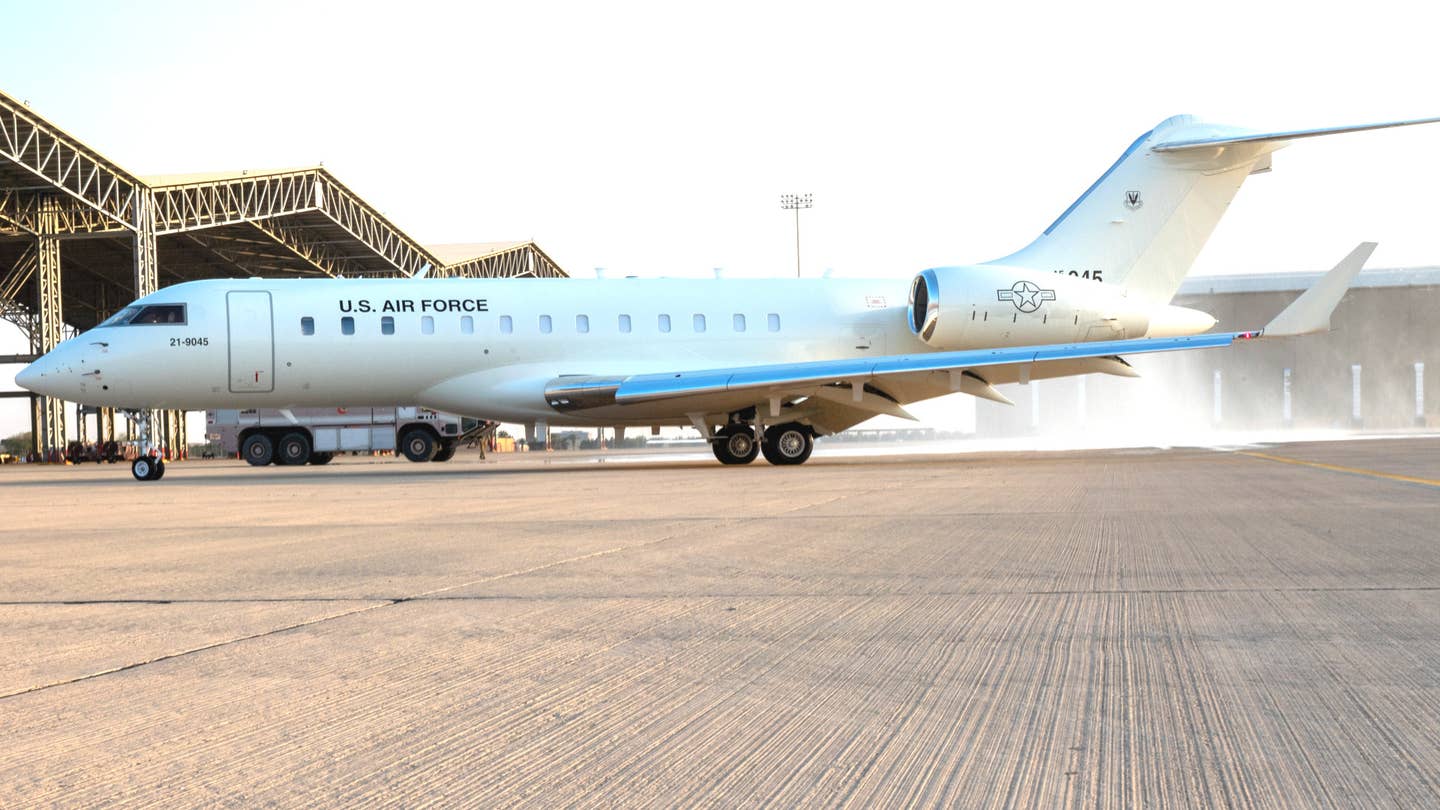 The Air Force's newest E-11A, serial number 21-9045, after arriving at Prince Sultan Air Base in Saudi Arabia on December 16, 2022. <em>USAF</em>