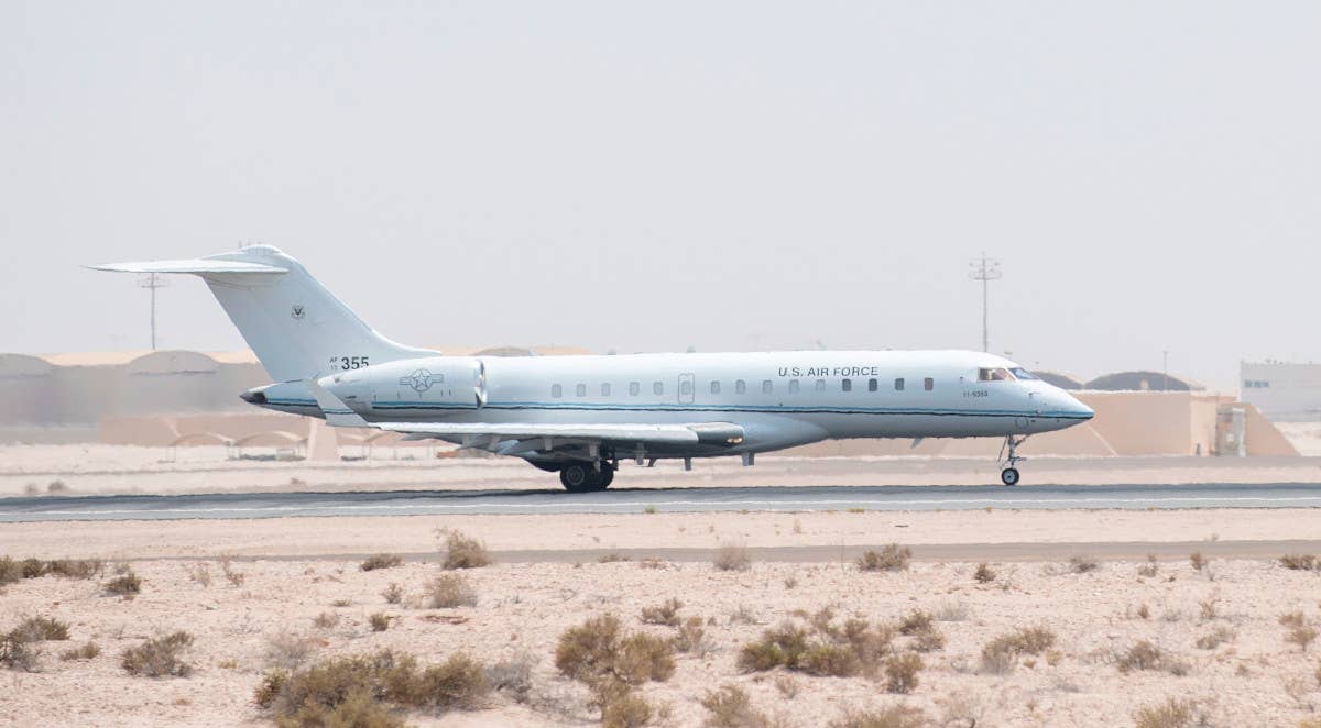 An E-11A takes off from Al Dhafra Air Base in the UAE to support a counter-drone exercise in 2021. <em>USAF</em>