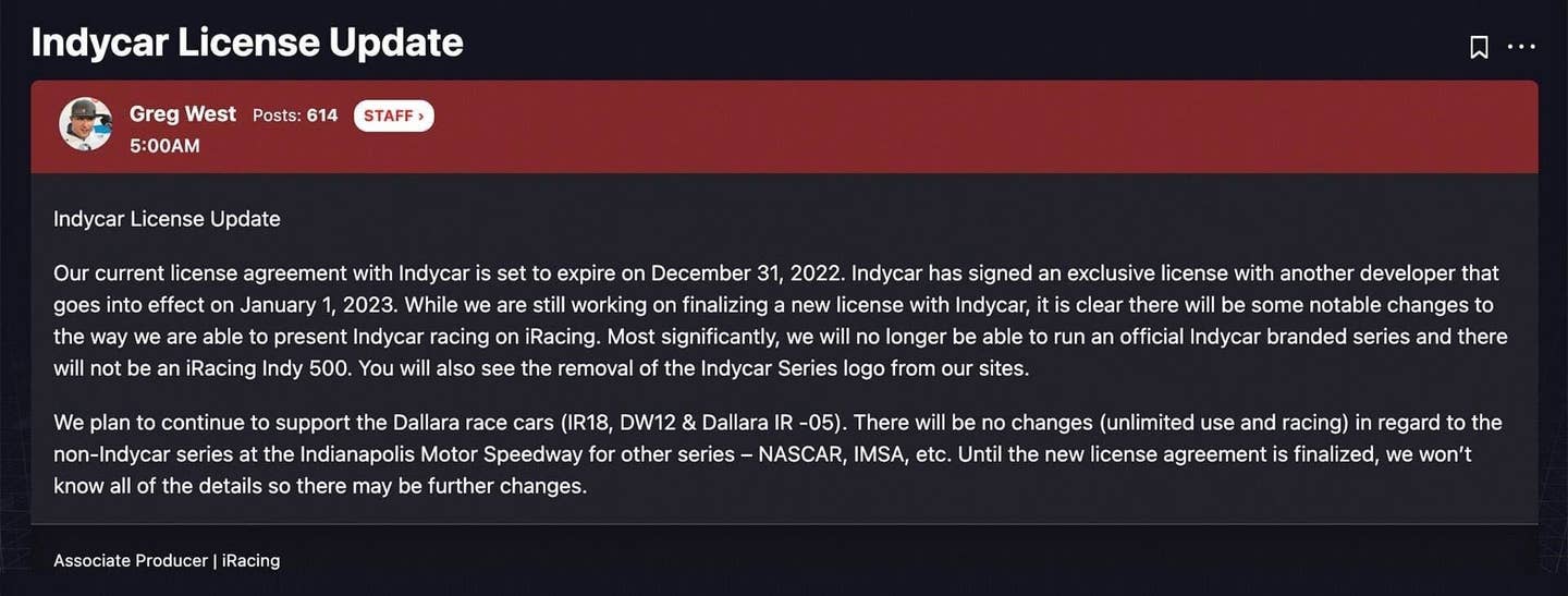 iRacing Associate Producer comments on changes to the IndyCar license agreement. <em>iRacing</em>