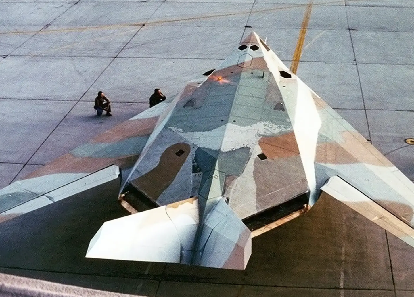 F-117 serial number 79-10780, known as Ship One, in its pastel camouflage scheme at Groom Lake.&nbsp;<em>Public Domain</em>