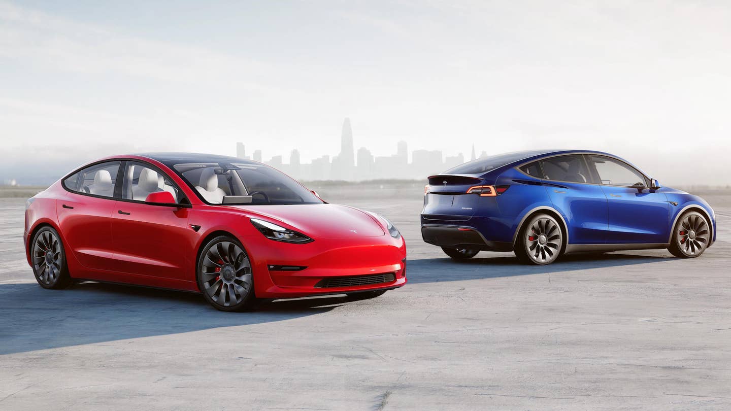 Tesla Model 3 and Model Y against a city backdrop