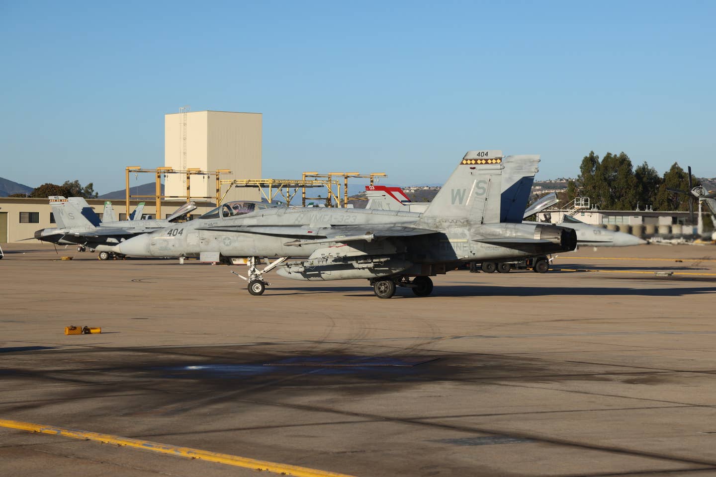An F/A-18C from VMFA-323 taxis at MCAS Miramar during Steel Knight. (James Deoer/Author)
