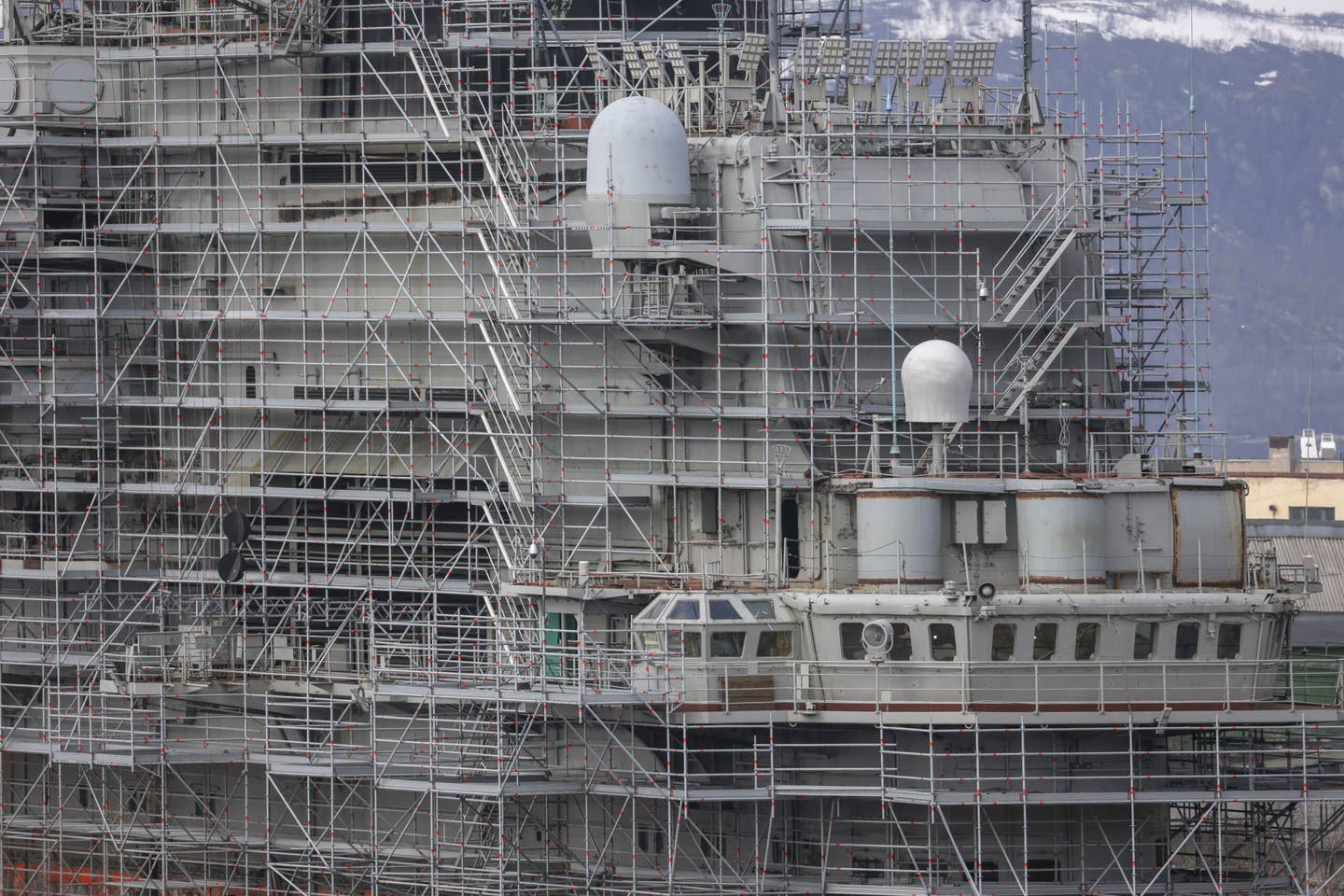 The superstructure of <em>Admiral Kuznetsov</em> as it appeared while under repair at Murmansk, Russia on May 20, 2022. <em>Semen Vasileyev/Anadolu Agency via Getty Images</em>