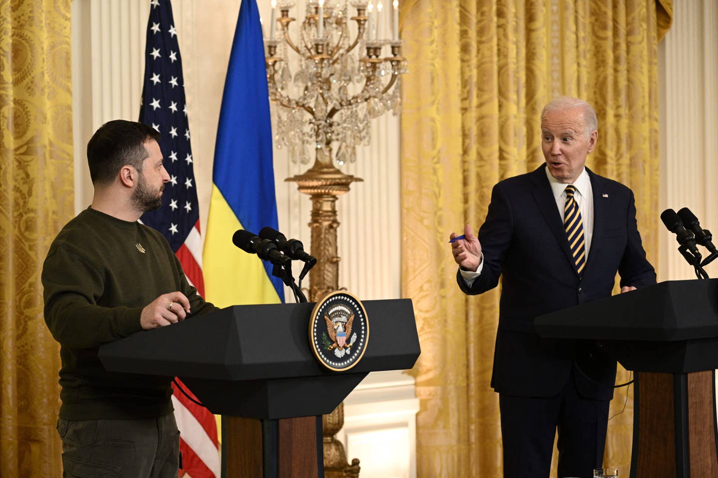 Presidents Biden and Zelensky have a light-hearted moment during their joint press conference.  (Photo by BRENDAN SMIALOWSKI/AFP via Getty Images)