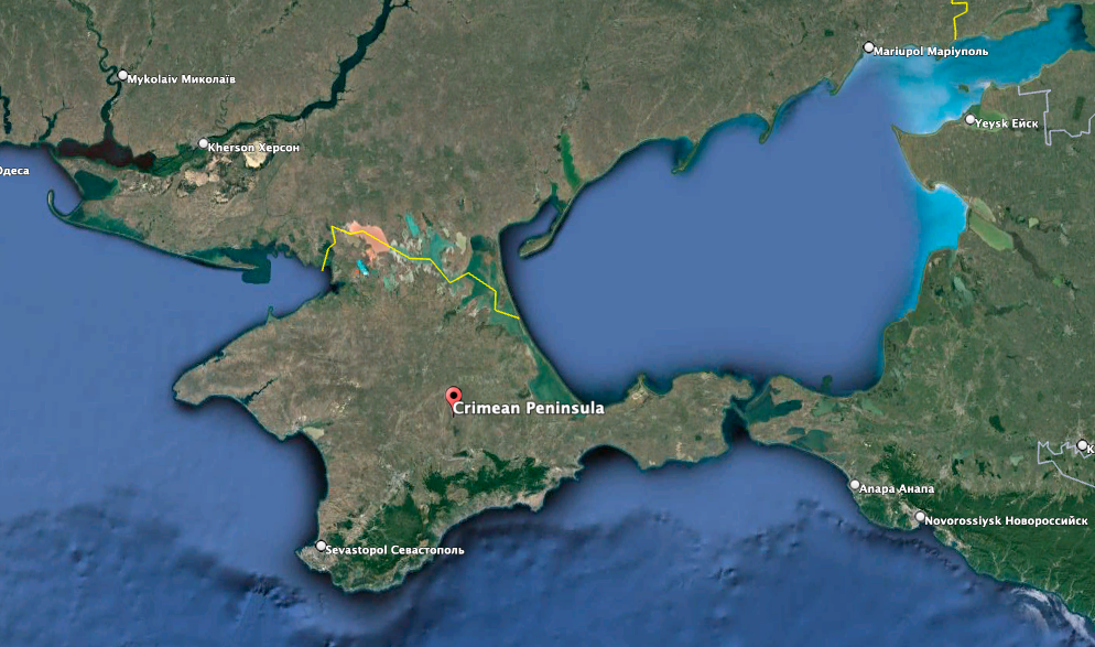 The Crimean peninsula, illegally occupied by Russia since 2014. (Google Earth image)