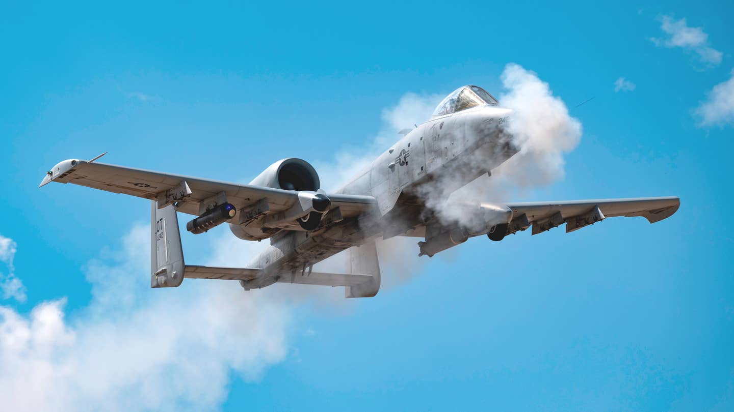 An A-10 Warthog ground attack jet fires its 30mm GAU-8/A Avenger rotary-barrel cannon. <em>USAF</em>
