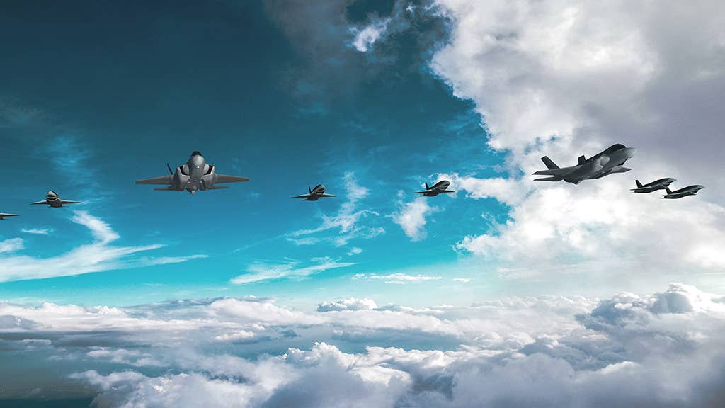 A rendering showing two F-35s flying together with six Fury drones. <em>Blue Force Technologies</em>