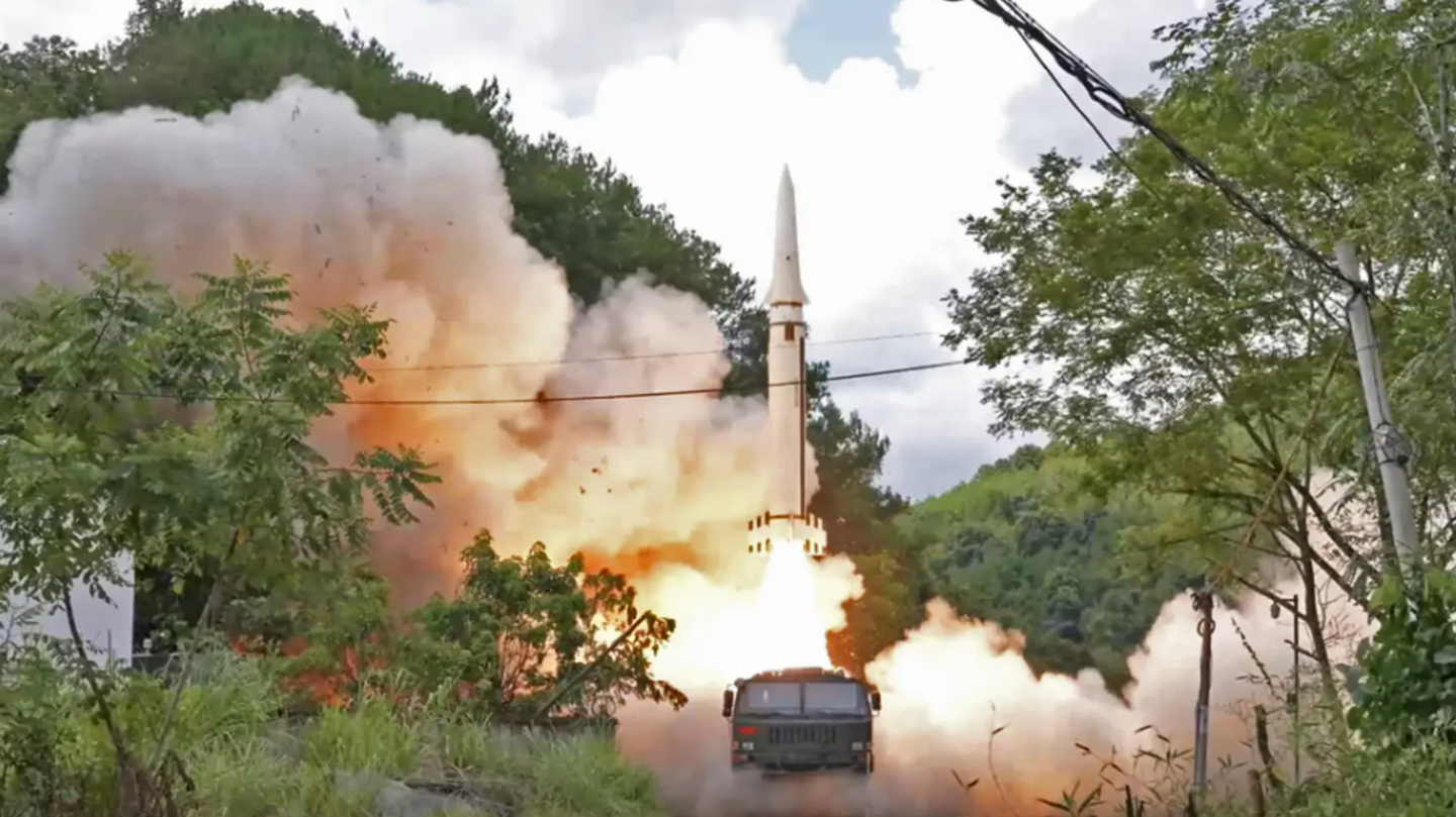 A screencap from an official PLA video showing the launch of a DF-15 short-range ballistic missile, purportedly from exercises close to the Taiwan Strait in August this year.&nbsp;<em>PLA</em>