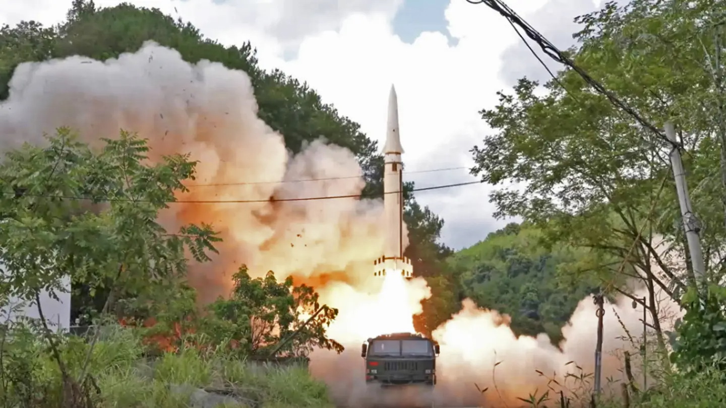 A screencap from an official Chinese People's Liberation Army video showing the launch of a DF-15 short-range ballistic missile, purportedly from exercises in August.&nbsp;<em>Credit: PLA</em>