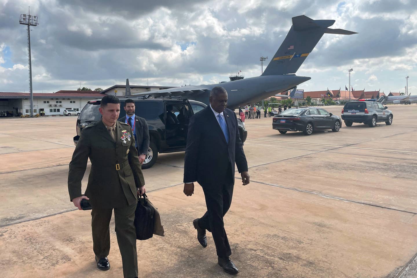 U.S. Secretary of Defense Lloyd Austin leaves Siem Reap International Airport in Cambodia on November 23, 2022, after having met his Chinese counterpart Wei Fenghe. <em>Photo by W.G. DUNLOP/AFP via Getty Images</em>